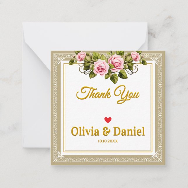 Elegant Pink Rose and Gold Script Thank You Card (Front)