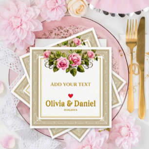 Elegant Pink Rose and Gold Script Wedding Napkin