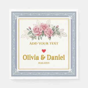 Elegant Pink Rose and Gold Script Wedding Napkin
