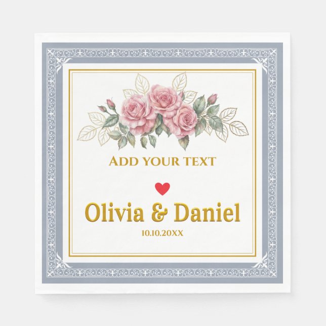 Elegant Pink Rose and Gold Script Wedding Napkin (Front)
