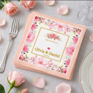 Elegant Pink Rose and Gold Script Wedding Napkins