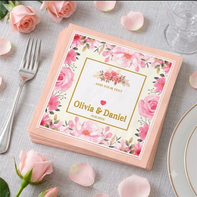 Elegant Pink Rose and Gold Script Wedding Napkins (Creator Uploaded)