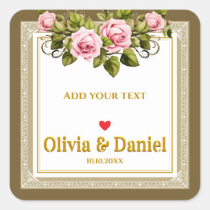 Elegant Pink Rose and Gold Script Wedding Square Sticker