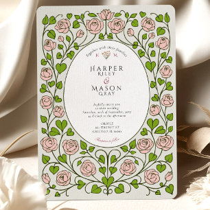 Elegant Pink Rose and Green Heart Wedding Invitation