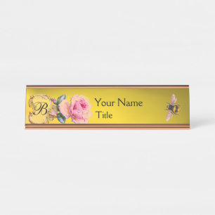 ELEGANT PINK ROSE AND HONEY BEE BEEKEEPER MONOGRAM DESK NAME PLATE