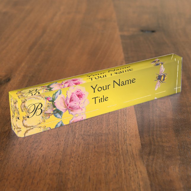 ELEGANT PINK ROSE AND HONEY BEE BEEKEEPER MONOGRAM NAMEPLATE (Side)