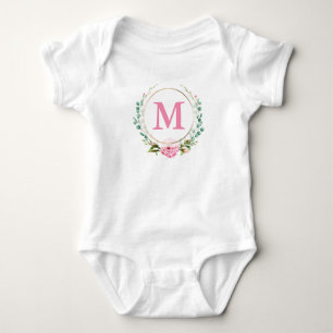 Elegant Pink Rose and Monogram with Floral Wreath Baby Bodysuit
