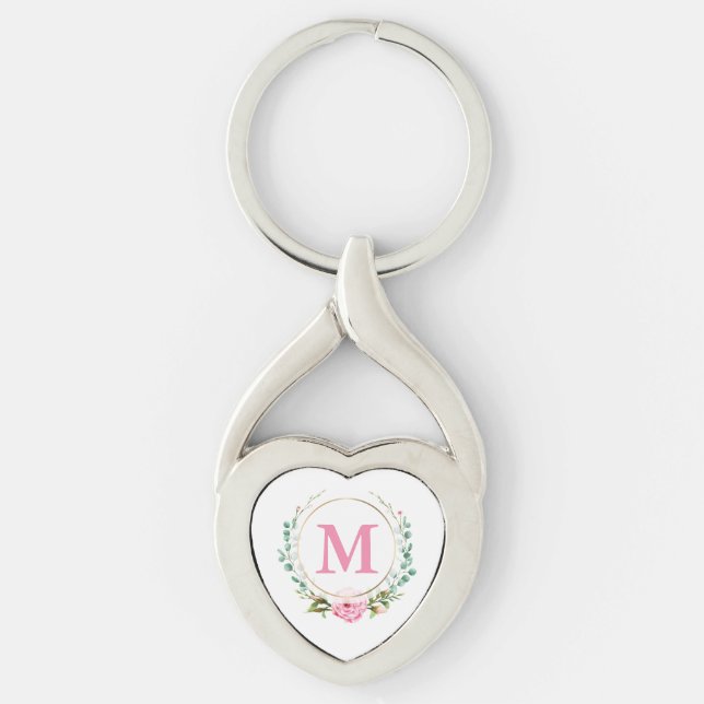 Elegant Pink Rose and Monogram with Floral Wreath Key Ring (Front)