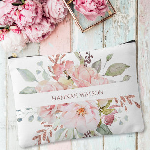 Elegant Pink Rose and Peony Floral Bouquet Accessory Pouch