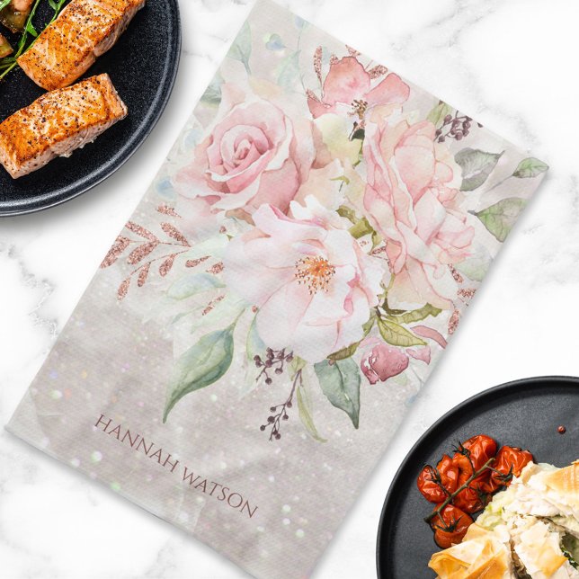 Elegant Pink Rose and Peony Floral Bouquet Tea Towel (In situ)