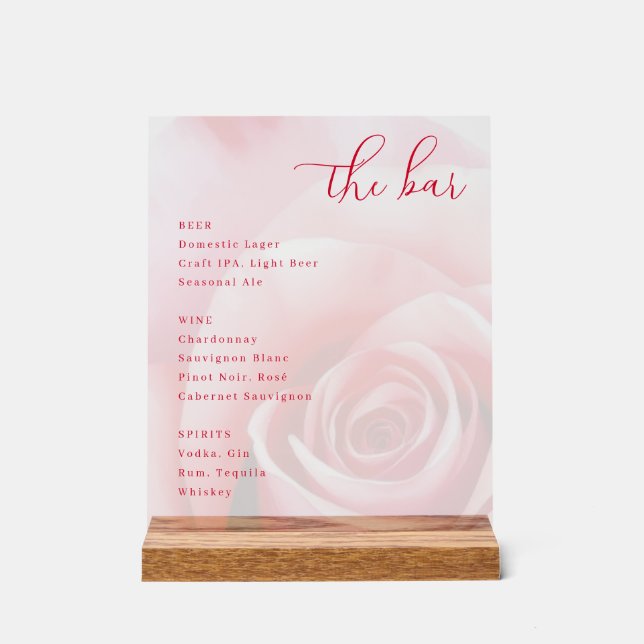 Elegant Pink Rose Bar Menu Acrylic Sign (Front)