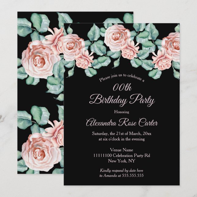 Elegant Pink rose black floral Birthday Party Invitation (Front/Back)