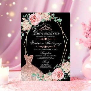Elegant Pink Rose Black Quinceañera Quince Tiara Invitation