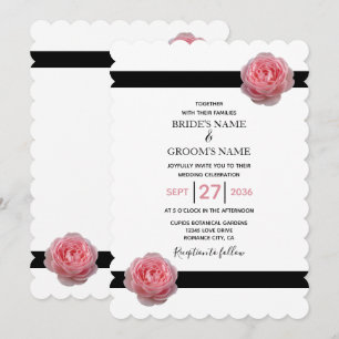 Elegant Pink Rose Black Ribbon Wedding Invitations