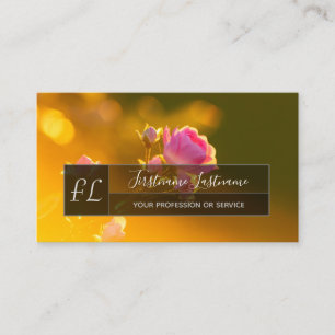 Elegant pink rose blossom grey rectangle monogram business card