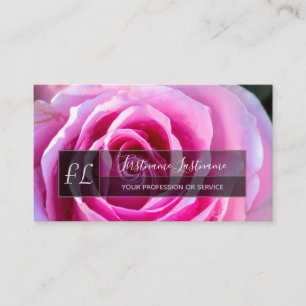 Elegant pink rose blossom grey rectangle monogram business card