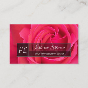 Elegant pink rose blossom grey rectangle monogram business card