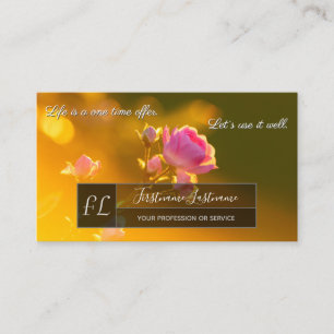 Elegant pink rose blossom grey rectangle monogram business card