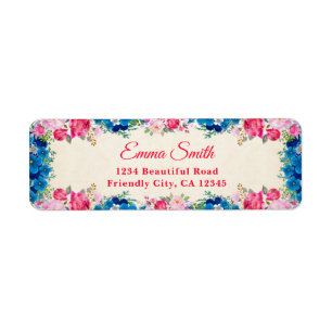 Elegant Pink Rose Blue Flower Return Address Label