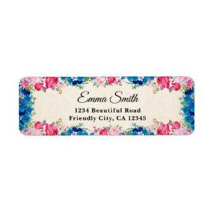Elegant Pink Rose Blue Flower Return Address Label
