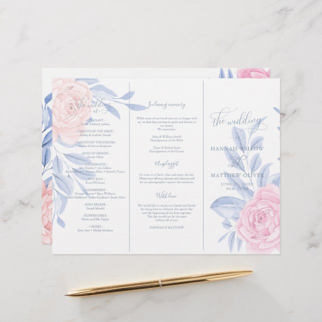 Elegant Pink Rose Blue Minimalist Wedding Ceremony (Front/Back In Situ)