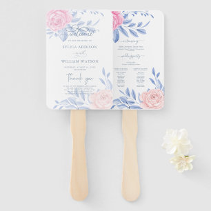 Elegant Pink Rose Blue Minimalist Wedding Program Hand Fan