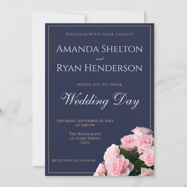 Elegant Pink Rose Bouquet Floral Wedding Invitation (Front)