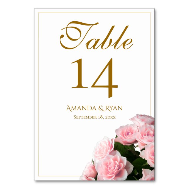 Elegant Pink Rose Bouquet Floral Wedding Table Number (Front)