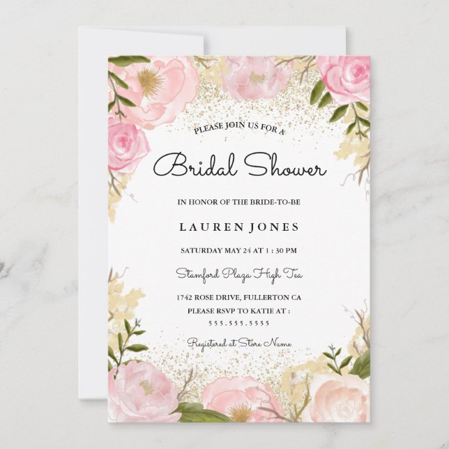 Elegant Pink Rose Bridal Shower Invitation (Front)