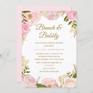 Elegant Pink Rose Brunch and Bubbly Bridal Shower Invitation
