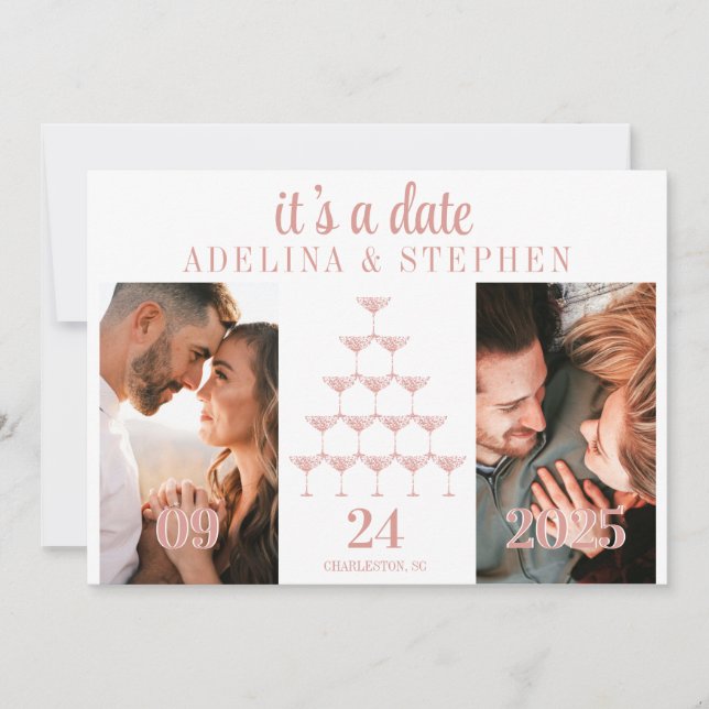 Elegant Pink Rose Champagne Tower Script Wedding Save The Date (Front)