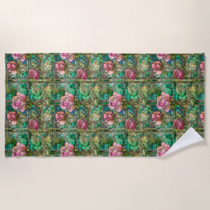 Elegant Pink Rose Faux Stained Glass Pattern Beach Towel