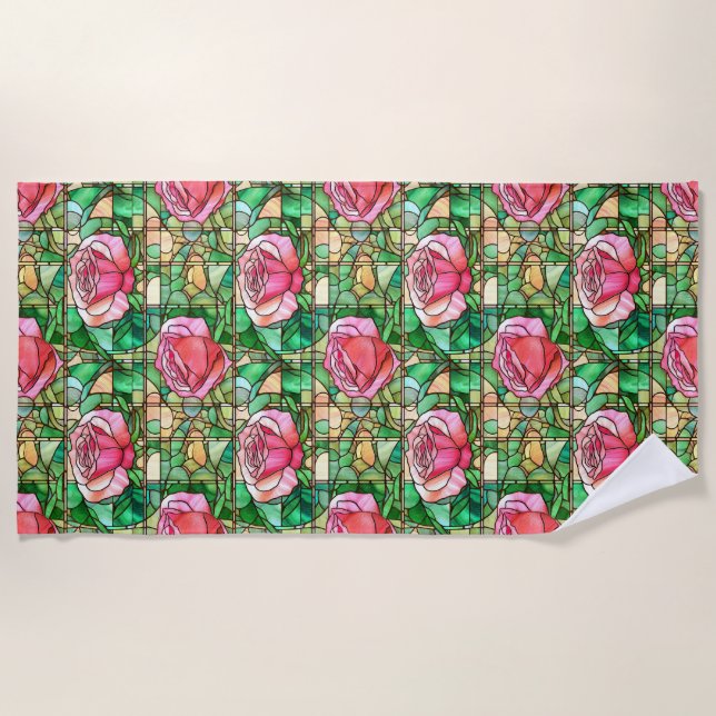 Elegant Pink Rose Faux Stained Glass Pattern Beach Towel (Front)