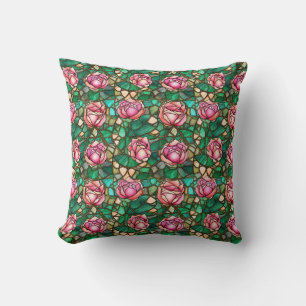 Elegant Pink Rose Faux Stained Glass Pattern Cushion