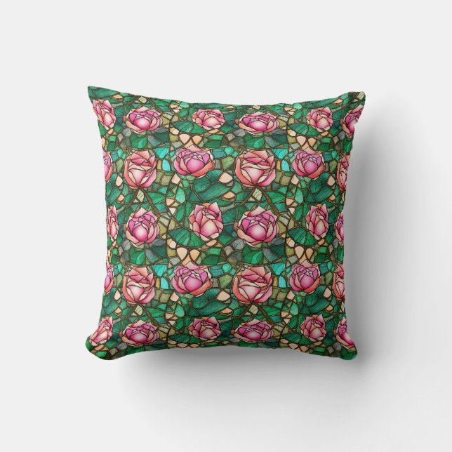 Elegant Pink Rose Faux Stained Glass Pattern Cushion (Front)