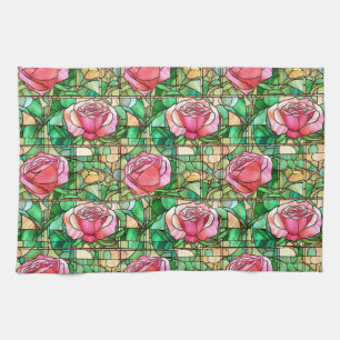 Elegant Pink Rose Faux Stained Glass Pattern Tea Towel