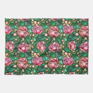 Elegant Pink Rose Faux Stained Glass Pattern Tea Towel