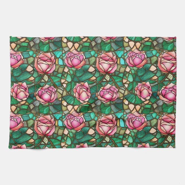 Elegant Pink Rose Faux Stained Glass Pattern Tea Towel (Horizontal)