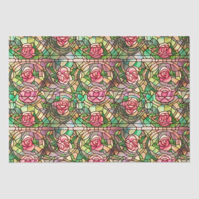 Elegant Pink Rose Faux Stained Glass Pattern Tissue Paper (Front)