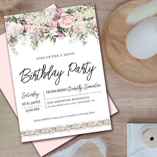 Elegant Pink Rose Floral 100th Birthday Invitation (Matching welcome signs and party supplies available. Message me for help finding them!)
