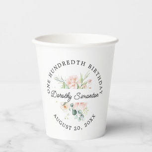 Elegant Pink Rose Floral 100th Birthday Party Paper Cups