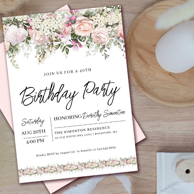 Elegant Pink Rose Floral 40th Birthday Invitation (Matching welcome signs and other party supplies available. Message me for help finding them. )