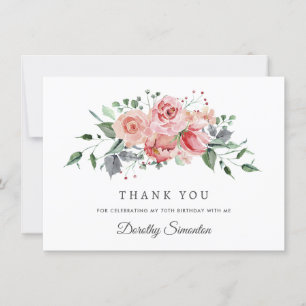Elegant Pink Rose Floral 70th Birthday Flat Thank You Card