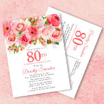 Elegant Pink Rose Floral 80th Birthday Invitation Postcard<br><div class="desc">Roses, peonies and daises create pretty summer pink floral design. Buds and foliage add a rustic vibe. 80th is written in a large bold text. It can be changed for any year you wish. The birthday celebrant's name is written in an elegant script font. The postcard back provides room for...</div>