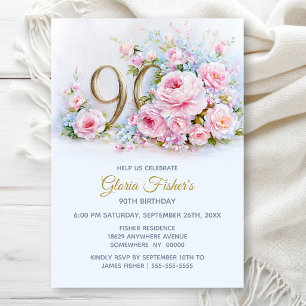 Elegant Pink Rose Floral 90th Birthday Party Invitation