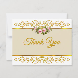 Elegant Pink Rose Floral and Gold "Thank You" Card
