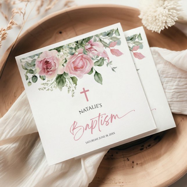 Elegant Pink Rose Floral Baptism Napkin (Creator Uploaded)