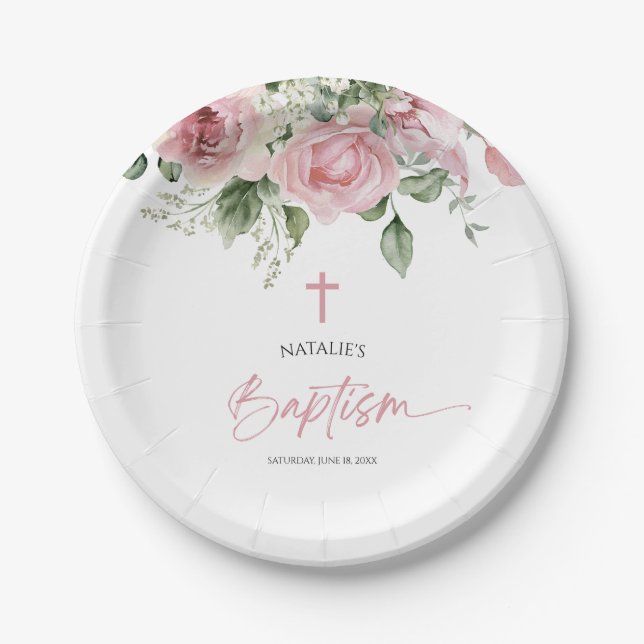 Elegant Pink Rose Floral Baptism Paper Plate (Front)
