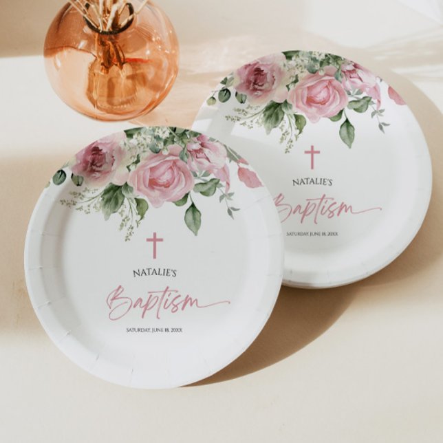 Elegant Pink Rose Floral Baptism Paper Plate (Creator Uploaded)