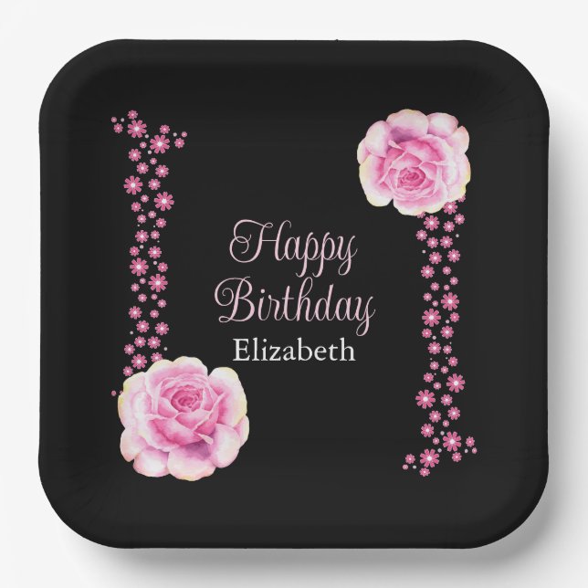 Elegant Pink Rose Floral Black Address Paper Plate (Front)